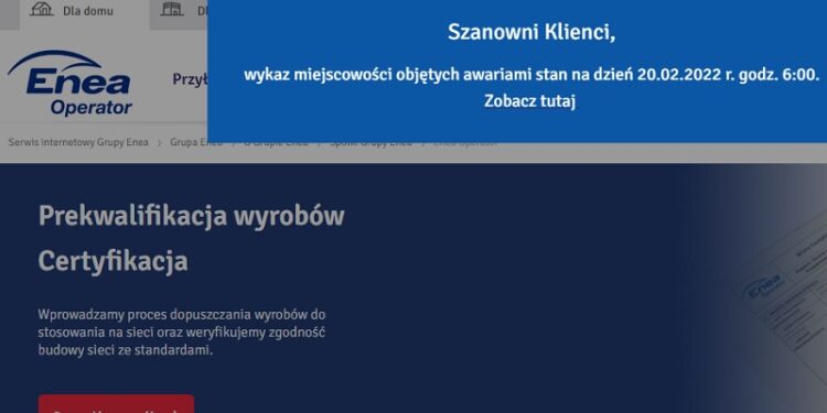 Zakładka z wykazem miejsc awarii