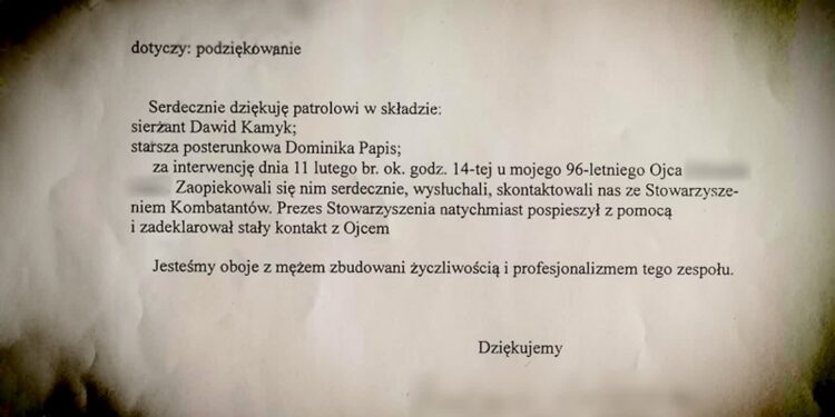 Podziękowania dla policjantów za empatię i życzliwość