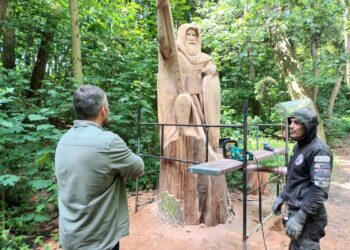 Mieszkaniec Gorzowa w martwym drzewie rzeźbi figurę Peruna Gromowładnego